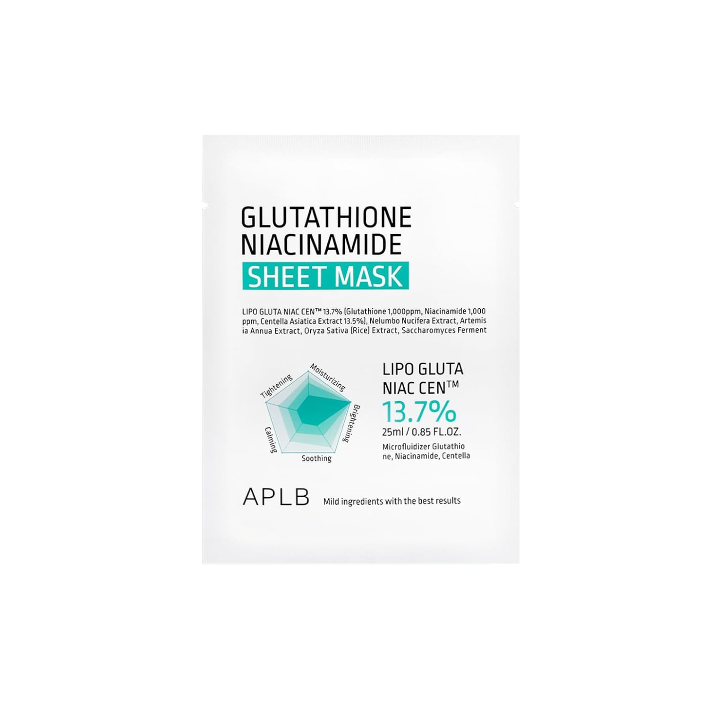 APLB Glutathione Niacinamide Sheet Mask is a brightening and hydrating sheet mask made to refresh dull, tired-looking skin. Formulated with Glutathione, Niacinamide, Centella Asiatica Leaf Water, Sodium Hyaluronate, Squalane, Hydrolyzed Collagen, Beta-Glucan, Tea Tree Leaf Extract, Rice Extract, and Eggplant Fruit Extract, it helps soothe, moisturize, and support a smoother, more radiant-looking complexion. This mask is ideal for dull, uneven, dehydrated, normal, combination, and sensitive skin that needs a