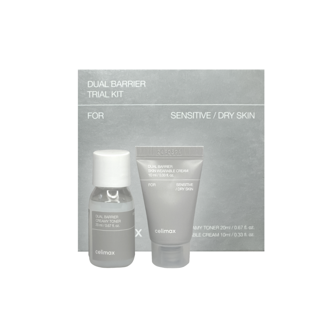 CELIMAX Dual Barrier Trial Kit packaging, containing a creamy toner and a wearable cream for sensitive/dry skin.
Korean Skincare Canada