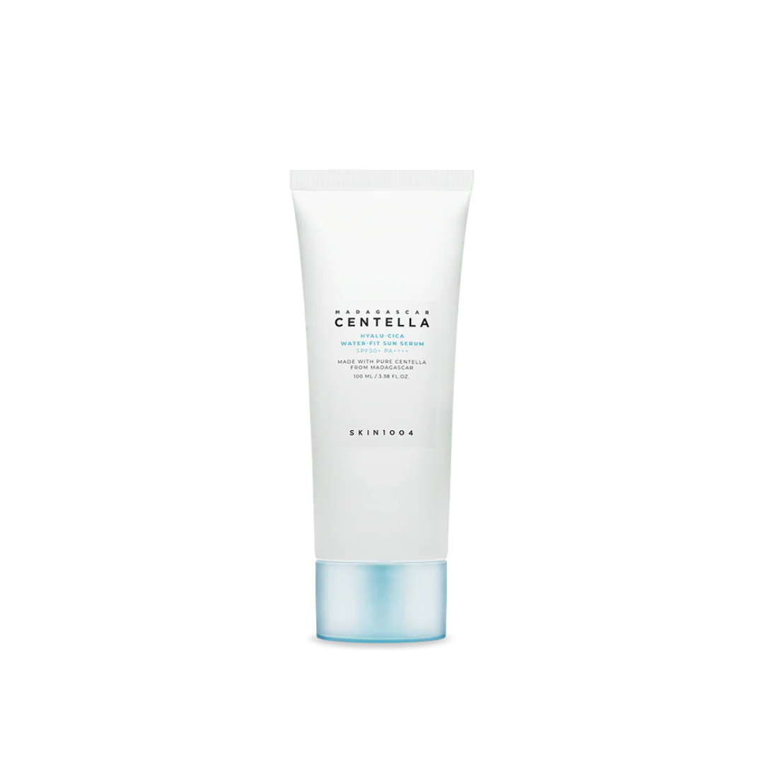 SKIN1004 Madagascar Centella Hyalu-Cica Water-Fit Sun Serum is a lightweight Korean sunscreen with SPF50+ PA++++ that helps protect the skin from UV rays while providing soothing hydration. Formulated with Centella Asiatica Extract, Niacinamide, Sodium Hyaluronate, Hydrolyzed Hyaluronic Acid, Hyaluronic Acid, and botanical extracts, it helps calm, moisturize, and support a fresh dewy glow. The unscented, fast-absorbing texture leaves a non-greasy finish with no heavy feel, making it suitable for all skin ty