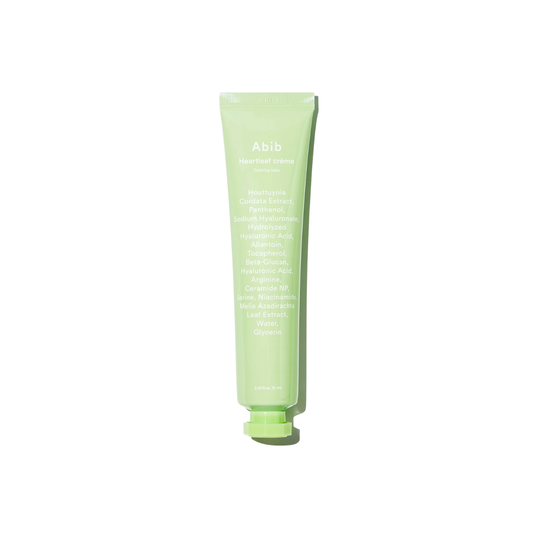 ABIB Heartleaf Cream Calming Tube is a soothing daily moisturizer that helps calm irritation and deeply hydrate the skin. Powered by Heartleaf Extract to reduce redness and discomfort, it delivers lightweight yet lasting moisture with multiple forms of Hyaluronic Acid, Glycerin, and Beta-Glucan. Niacinamide helps brighten and balance the skin, while Panthenol, Allantoin, and botanical extracts provide extra comfort. Ceramide NP strengthens the skin barrier, leaving the complexion soft, smooth, and resilient