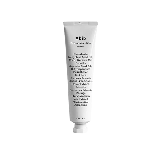 ABIB Hydration Cream Water Tube is a moisturizing facial cream made to hydrate, soften, and comfort dry or dehydrated skin. Formulated with Glycerin, Niacinamide, Panthenol, Sodium PCA, Sodium Hyaluronate, Shea Butter, Macadamia Seed Oil, Coconut Oil, Camellia Japonica Seed Oil, Cactus Flower Extract, Tremella Mushroom Extract, and Moringa Seed Extract, it helps replenish moisture and support a healthy-looking skin barrier. The creamy texture leaves skin feeling smooth, refreshed, and comfortable without a 