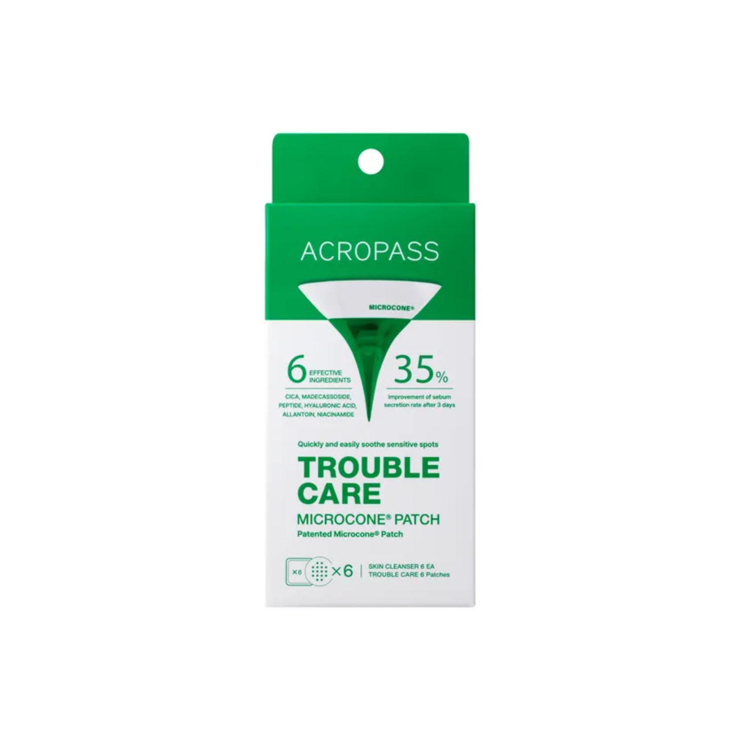 ACROPASS Trouble Care Microcone Patch Set is a targeted acne treatment designed to help calm and improve the look of breakouts. Featuring microcone technology, each patch delivers ingredients like Niacinamide, Madecassoside, Centella Asiatica Extract, and Sodium Hyaluronate deep into the skin to support soothing and hydration. Paired with a Skin Cleanser Sachet containing Tea Tree Leaf Oil and Salicylic Acid, this set helps cleanse pores and reduce excess oil for clearer-looking skin.