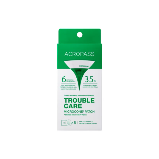 ACROPASS Trouble Care Microcone Patch Set is a targeted acne treatment designed to help calm and improve the look of breakouts. Featuring microcone technology, each patch delivers ingredients like Niacinamide, Madecassoside, Centella Asiatica Extract, and Sodium Hyaluronate deep into the skin to support soothing and hydration. Paired with a Skin Cleanser Sachet containing Tea Tree Leaf Oil and Salicylic Acid, this set helps cleanse pores and reduce excess oil for clearer-looking skin.