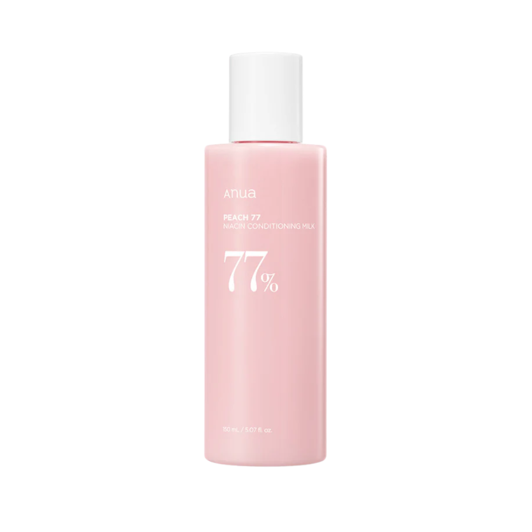 ANUA Peach 77 Niacin Conditioning Milk is infused with 77% Peach Fruit Extract and Niacinamide (2%) to brighten and moisturize your skin. This lightweight conditioning milk hydrates with Hyaluronic Acid and soothes with Panthenol and Ceramide NP. Enhanced with Galactomyces Ferment Filtrate and Bifida Ferment Lysate, it improves skin texture and strengthens the skin barrier for a smooth, radiant complexion.