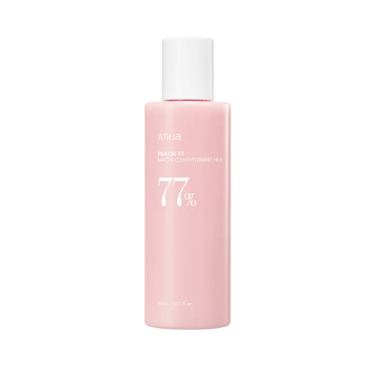 ANUA Peach 77 Niacin Conditioning Milk is infused with 77% Peach Fruit Extract and Niacinamide (2%) to brighten and moisturize your skin. This lightweight conditioning milk hydrates with Hyaluronic Acid and soothes with Panthenol and Ceramide NP. Enhanced with Galactomyces Ferment Filtrate and Bifida Ferment Lysate, it improves skin texture and strengthens the skin barrier for a smooth, radiant complexion.