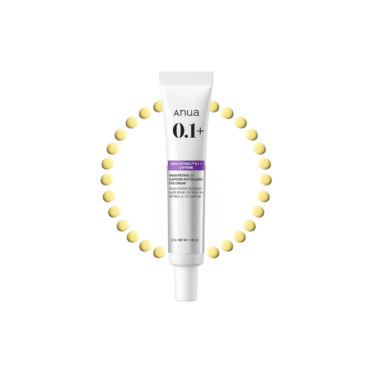 ANUA Retinol 0.1 Caffeine Revitalizing Eye Cream is a targeted treatment designed to smooth fine lines and refresh tired-looking eyes. Formulated with 0.1% Retinol, it helps improve skin texture and reduce the appearance of wrinkles, while Caffeine works to depuff and revitalize the under-eye area. Niacinamide brightens dark circles, and a blend of Ceramides and Hyaluronic Acid supports deep hydration and strengthens the delicate skin barrier. Enriched with Peptides, Panthenol, and Squalane, this nourishing