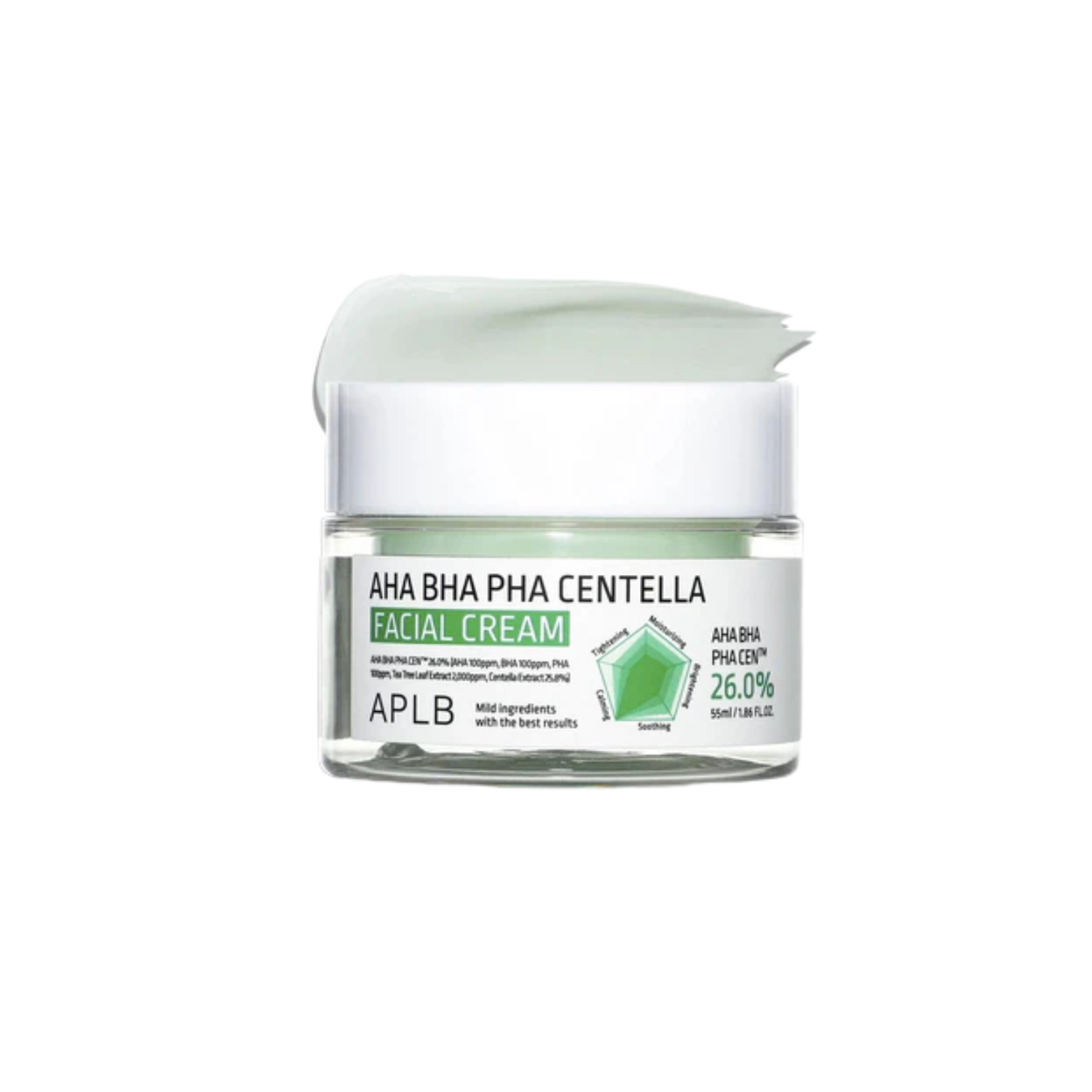 APLB AHA BHA PHA Centella Facial Cream is a soothing moisturizer designed to hydrate, calm, and gently refine the skin. Formulated with Centella Asiatica Leaf Water, AHA, BHA, and PHA, it helps smooth rough texture, care for clogged pores, and support clearer-looking skin. With added Squalane, Beta-Glucan, Sodium Hyaluronate, Shea Butter, and Macadamia Seed Oil, it provides moisture while helping maintain a soft and comfortable skin barrier. Perfect for daily use to leave skin feeling balanced, smooth, and 