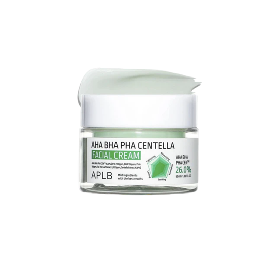 APLB AHA BHA PHA Centella Facial Cream is a soothing moisturizer designed to hydrate, calm, and gently refine the skin. Formulated with Centella Asiatica Leaf Water, AHA, BHA, and PHA, it helps smooth rough texture, care for clogged pores, and support clearer-looking skin. With added Squalane, Beta-Glucan, Sodium Hyaluronate, Shea Butter, and Macadamia Seed Oil, it provides moisture while helping maintain a soft and comfortable skin barrier. Perfect for daily use to leave skin feeling balanced, smooth, and 