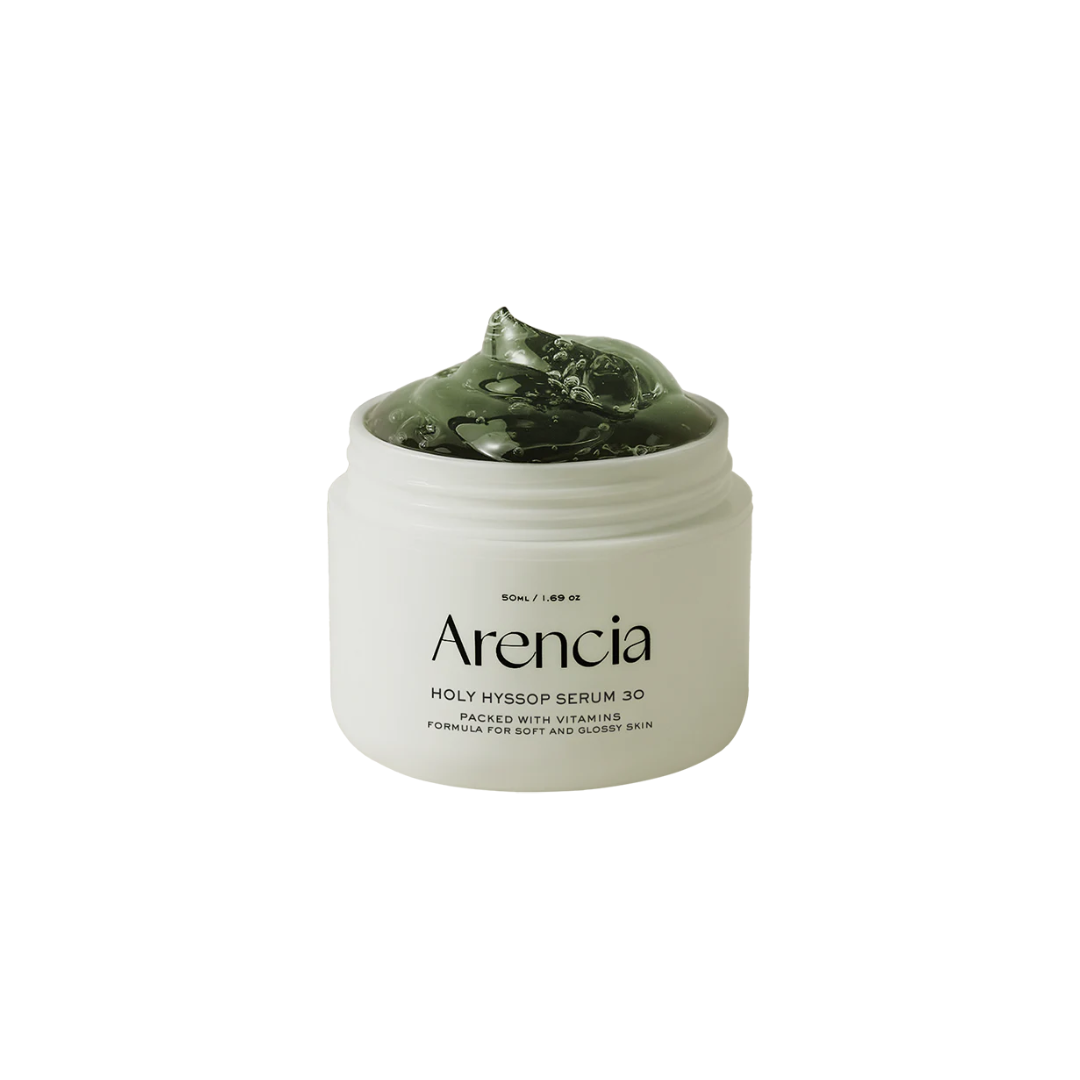 ARENCIA Holy Hyssop Serum 30 is a potent hydrating and brightening serum formulated to improve skin texture and radiance. With Niacinamide and Vitamin C derivatives, it effectively brightens the complexion and reduces the appearance of dark spots. Enriched with Hyssop Extract and multiple forms of Hyaluronic Acid, it delivers deep hydration, plumps the skin, and improves moisture retention. Ceramide NP and Glycosphingolipids strengthen the skin barrier, while Adenosine and Panthenol provide anti-aging benef