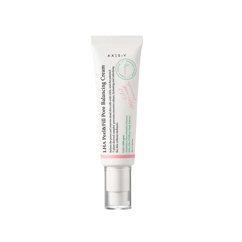 AXIS-Y LHA Peel &amp; Fill Pore Balancing Cream is a lightweight cream designed to gently exfoliate and refine pores while providing balanced hydration. Formulated with Capryloyl Salicylic Acid (LHA), it effectively clears away dead skin cells and excess oil, helping to reduce the appearance of enlarged pores. Enriched with natural extracts like Centella Asiatica, Green Tea, and Baobab Fruit, this cream soothes and nourishes the skin, promoting a smooth, even complexion. Ideal for those looking to maintain 