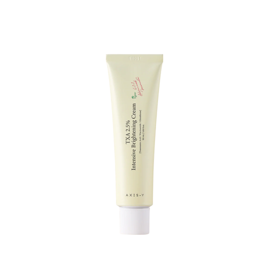 AXIS-Y TXA 2.5% Intensive Brightening Cream is a vegan brightening cream designed to target dark spots, uneven skin tone, and dullness while keeping the skin hydrated. Formulated with Tranexamic Acid, Niacinamide, Glutathione, Panthenol, Ceramide NP, Centella Asiatica Extract, Heartleaf Extract, and multiple forms of Hyaluronic Acid, it helps improve radiance, support the skin barrier, and promote a smoother, more even-looking complexion. The silicone-free formula is suitable for all skin types, especially 