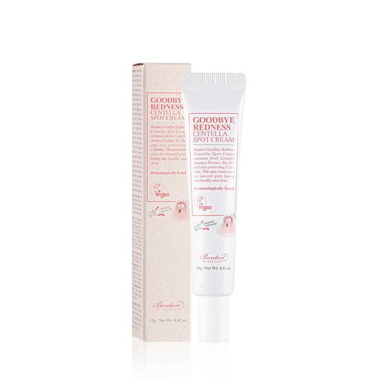 BENTON Goodbye Redness Centella Spot Cream is a targeted treatment designed to calm and soothe troubled areas. Formulated with 42% Centella Asiatica Extract and 10% Calamine, it reduces redness, irritation, and blemishes while promoting skin recovery. Enriched with Tea Tree, Peppermint Oil, and Jojoba Seed Oil, this spot cream helps purify, hydrate, and balance the skin, leaving problem spots clearer and more comfortable.