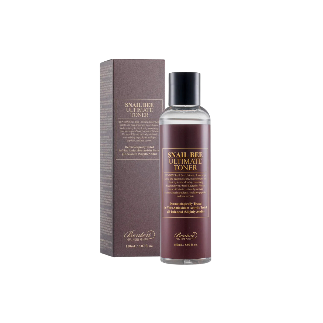 BENTON Snail Bee Ultimate Toner is a hydrating and repairing toner formulated with fermented Snail Mucin, Bee Venom, and a blend of Peptides to improve skin texture, firmness, and radiance. Enriched with Niacinamide, Witch Hazel, and multiple types of Hyaluronic Acid, it helps calm irritation, boost moisture, and support a healthy skin barrier. Ideal for sensitive, dull, or damaged skin.