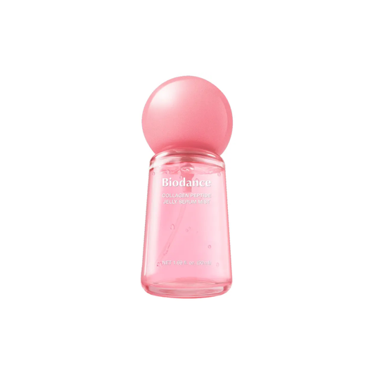 BIODANCE Collagen Peptide Jelly Serum Mist is a hydrating serum mist that gives skin a quick boost of moisture, radiance, and firmness. Formulated with Collagen Water, Collagen Extract, Niacinamide, Adenosine, Hydrolyzed Hyaluronic Acid, Galactomyces Ferment Filtrate, and multiple Peptides, it helps improve the look of dullness, dryness, uneven texture, and loss of firmness. The jelly-serum formula sprays as a fine mist, leaving skin feeling soft, plump, refreshed, and glowing in seconds.