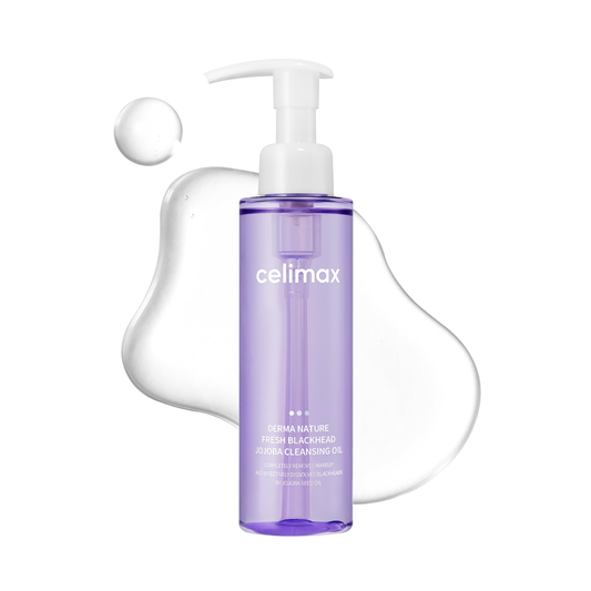 CELIMAX Derma Nature Fresh Blackhead Jojoba Cleansing Oil is a lightweight and purifying cleanser designed to remove makeup, excess oil, and impurities. Enriched with Jojoba Seed Oil, Meadowfoam Seed Oil, and Sunflower Seed Oil, it gently dissolves blackheads while nourishing and maintaining the skin’s moisture balance. With added Green Tea Extract and botanical oils, this cleansing oil helps soothe and refresh the skin, leaving it clean, soft, and smooth. Perfect for daily use on oily, combination, and con