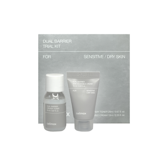 CELIMAX Dual Barrier Trial Kit packaging, containing a creamy toner and a wearable cream for sensitive/dry skin.
Korean Skincare Canada