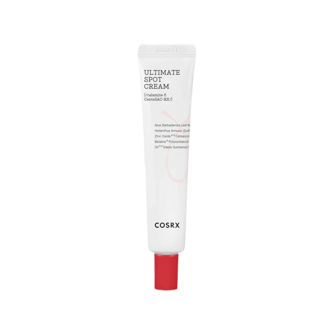 COSRX AC Collection Ultimate Spot Cream is designed to target and treat breakouts effectively. This cream combines the soothing properties of Aloe Barbadensis Leaf Water with the healing benefits of Tea Tree Leaf Oil and Calamine. The formula also features Centella Asiatica derivatives—Asiaticoside, Asiatic Acid, and Madecassic Acid—to reduce inflammation and promote healing. Ideal for acne-prone skin, this spot treatment helps clear blemishes quickly while preventing future breakouts.