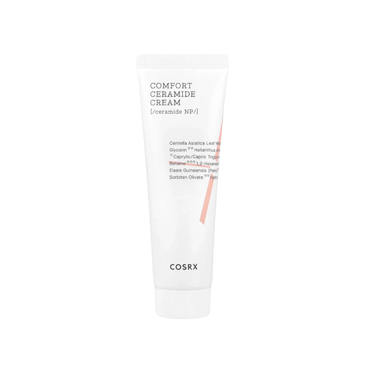 COSRX Balancium Comfort Ceramide Cream is a rich and soothing moisturizer designed to strengthen and protect the skin barrier. Enriched with Centella Asiatica Leaf Water, Ceramide NP, and Panthenol, it helps calm irritation while providing deep, long-lasting hydration. With added Niacinamide and Hyaluronic Acid, this cream supports smoother, healthier-looking skin. Perfect for dry, sensitive, and compromised skin types.