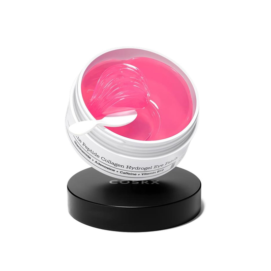 COSRX The Peptide Collagen Hydrogel Eye Patch is a hydrating and firming eye treatment designed to refresh tired-looking under-eyes. Formulated with Collagen, Niacinamide, Peptides, Panthenol, and multiple forms of Hyaluronic Acid, it helps plump, smooth, and brighten the delicate eye area. Adenosine and Acetyl Tetrapeptide-5 help improve the look of fine lines and puffiness, while the cooling hydrogel texture leaves the skin feeling soothed, soft, and revitalized. Perfect for daily use or whenever the unde