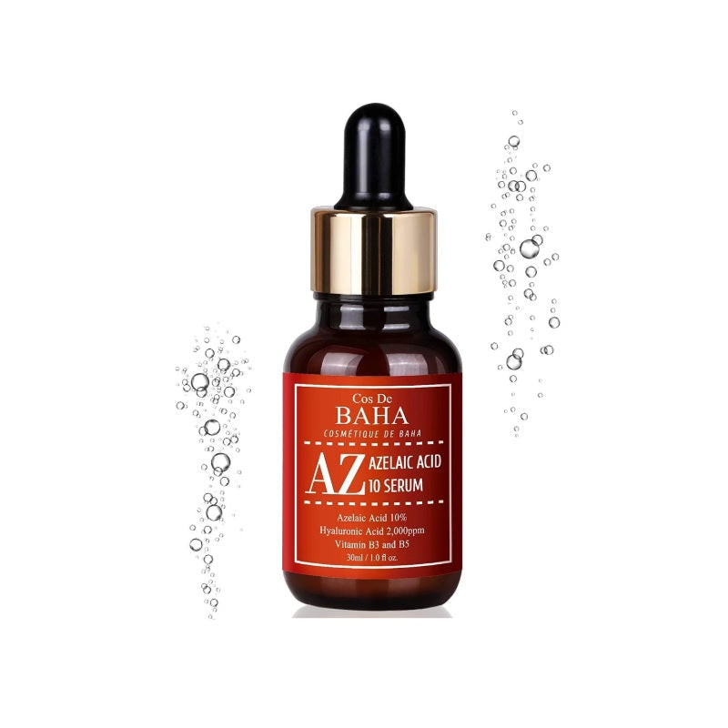 COS DE BAHA (AZ) Azelaic Acid 10% with Niacinamide Serum is a versatile solution for managing several skin concerns, including acne, acne scars, hyperpigmentation, and rosacea. Formulated with 10% Azelaic Acid, it effectively reduces inflammation, kills bacteria that cause acne, and promotes cell turnover to lighten acne marks and even skin tone. Niacinamide enhances this by strengthening the skin’s barrier, reducing inflammation, and improving overall skin texture. Aloe and Sodium Hyaluronate soothe and hy