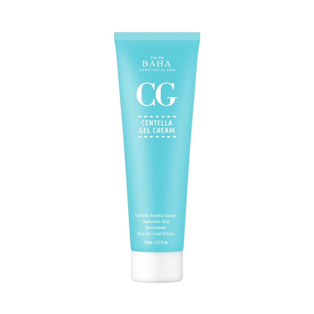 COS DE BAHA (CG) Centella Gel Cream is a lightweight moisturizer suitable for all skin types, especially sensitive or irritated skin. It features Centella Asiatica Extract, known for its healing and soothing properties. This formula is enriched with Niacinamide to brighten and strengthen the skin barrier, and Glycerin and Sodium Hyaluronate to provide deep hydration. Aloe Vera and Green Tea Extract calm the skin, while Caffeine tightens and Panthenol improves skin texture. This gel cream is perfect for dail