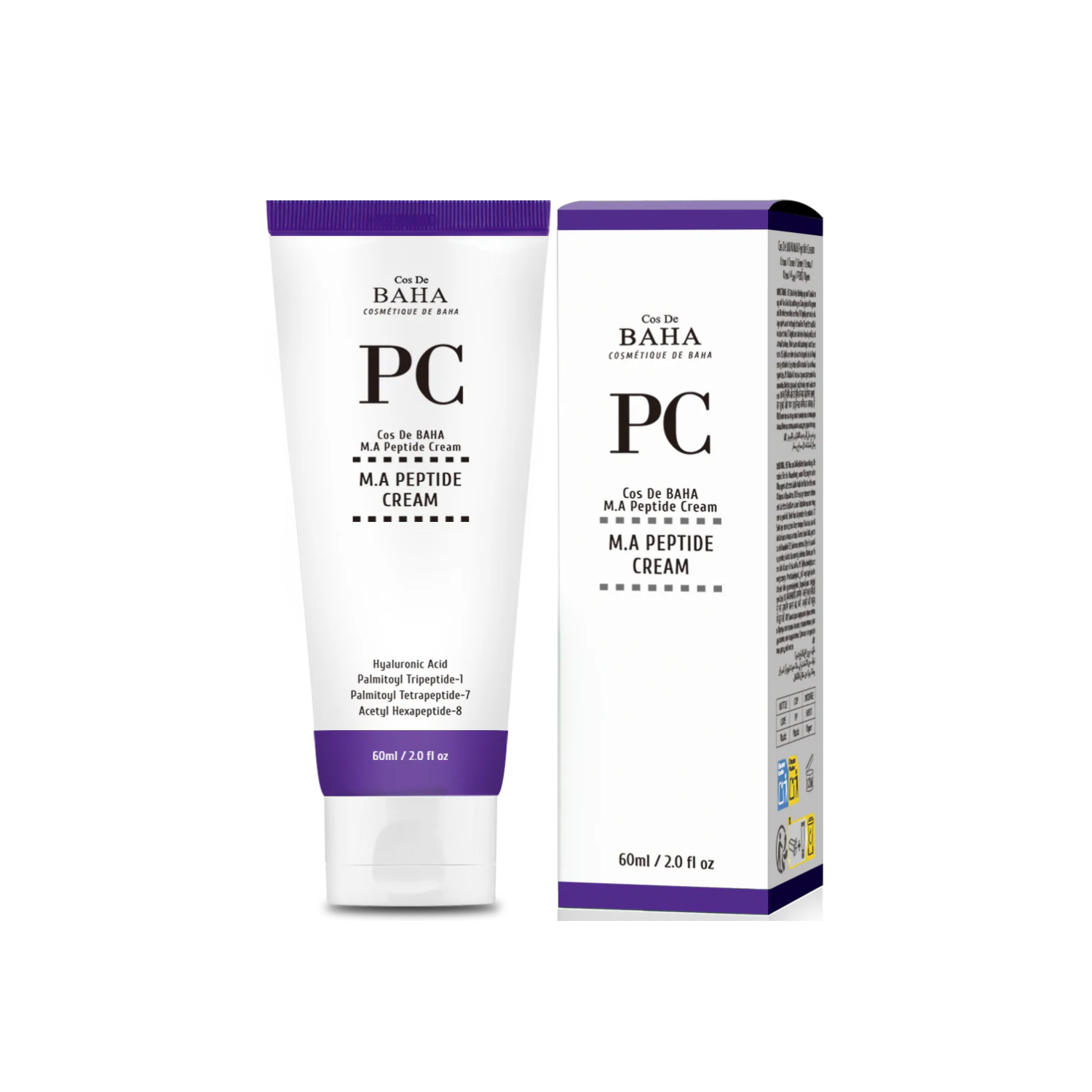 COS DE BAHA (PC) M.A Peptide Cream is a nourishing anti-aging moisturizer designed to smooth wrinkles, improve elasticity, and support a firmer-looking complexion. Formulated with Niacinamide, Hyaluronic Acid, Matrixyl 3000, and Argireline Peptide, it helps boost the appearance of firmness while softening the look of fine lines. With added Panthenol, Ceramide NP, Squalane, Aloe, and Allantoin, this cream hydrates, soothes, and supports the skin barrier. The lightweight formula absorbs well, leaving skin smo
