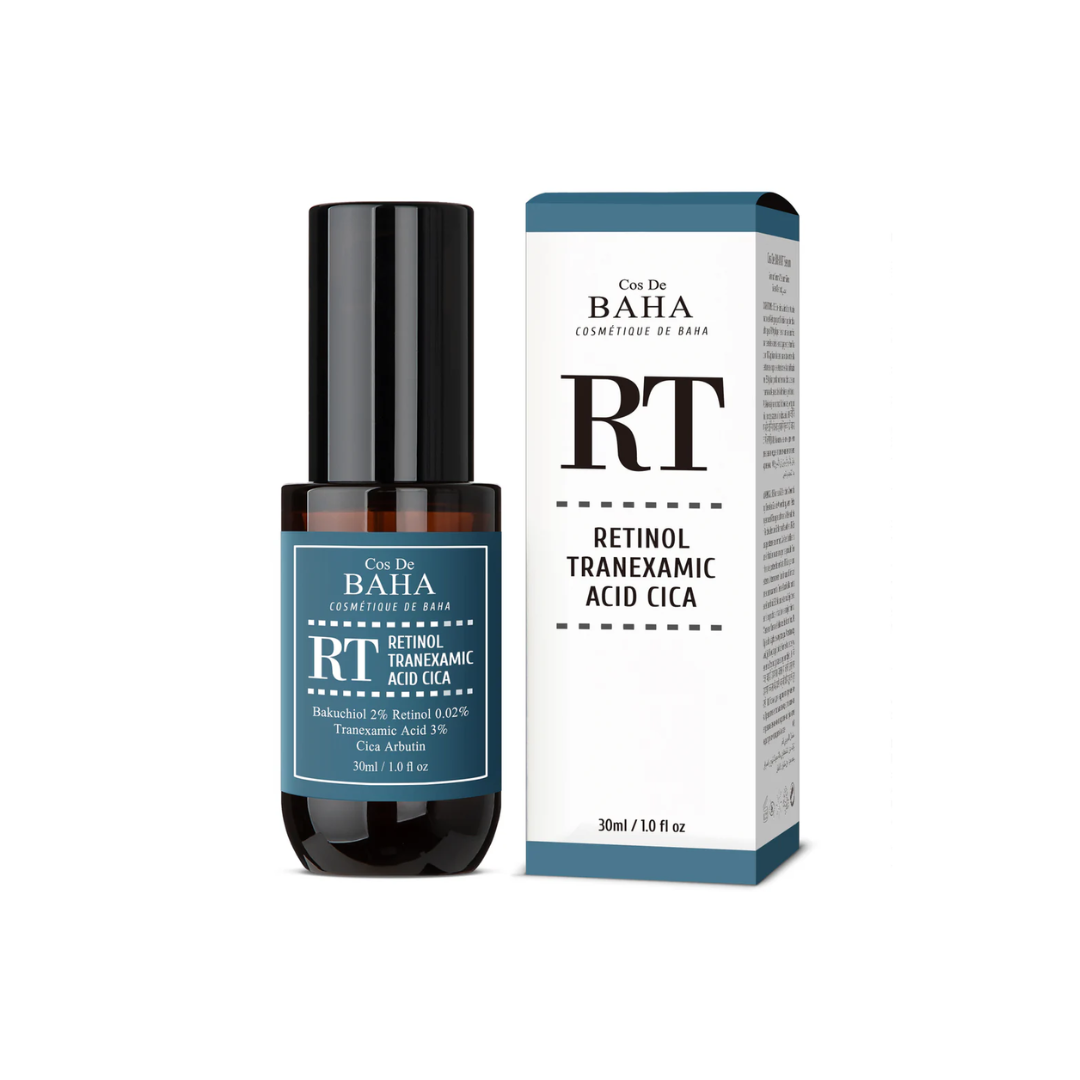 COS DE BAHA (RT) Retinol Tranexamic Acid Cica Serum is a multi-functional serum designed to target signs of aging, hyperpigmentation, and skin sensitivity. Formulated with Retinol to smooth fine lines, Tranexamic Acid to reduce dark spots, and Bakuchiol for gentle skin renewal, this serum promotes a brighter, more even complexion. Soothing ingredients like Centella Asiatica (Cica), Panthenol, and Sodium Hyaluronate hydrate and calm the skin, while Ceramide NP strengthens the skin barrier. Enhanced with anti