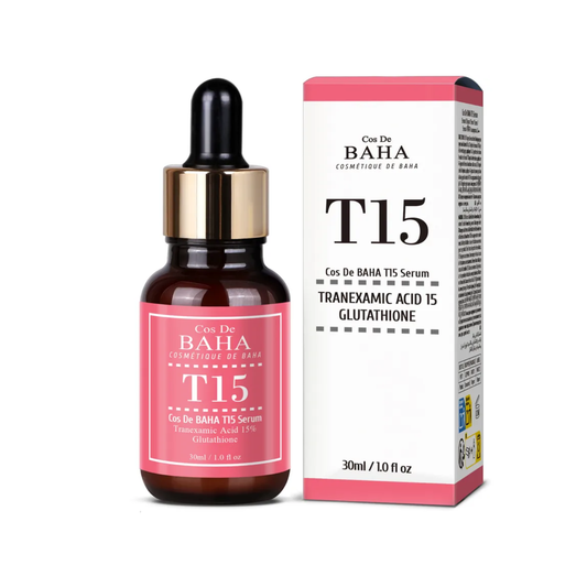 COS DE BAHA (T15) 15% Tranexamic Acid Glutathione Serum is a brightening serum designed to target dark spots, uneven skin tone, and dullness. Formulated with 15% Tranexamic Acid, Glutathione, Panthenol, Allantoin, Sodium Hyaluronate, Hydrolyzed Hyaluronic Acid, Green Tea Extract, and botanical extracts, it helps improve radiance while soothing and hydrating the skin. Best suited for dull, uneven, normal, combination, and pigmentation-prone skin.