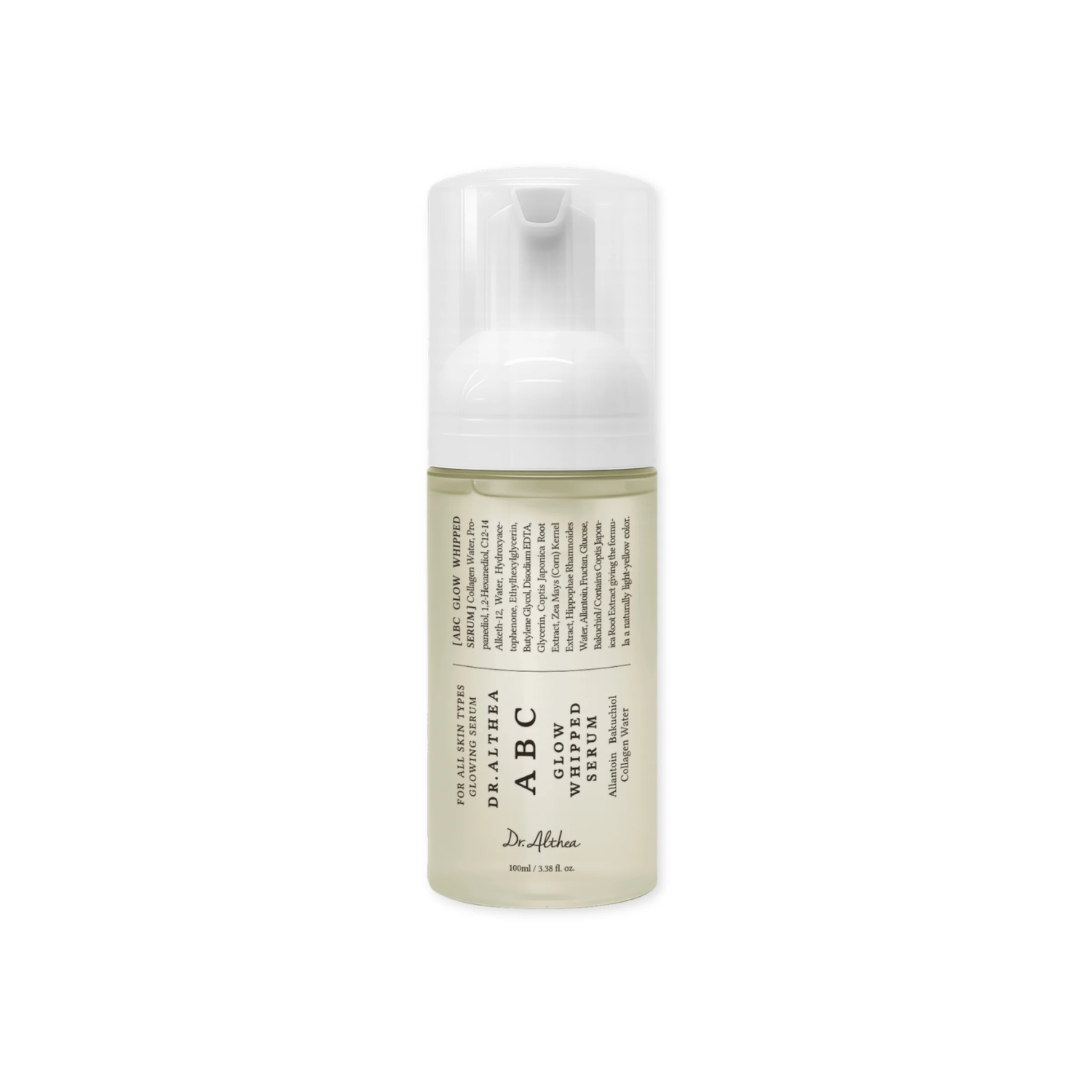 DR. ALTHEA ABC Glow Whipped Serum is a lightweight vegan serum designed to hydrate, brighten, and improve the look of skin elasticity. Formulated with Collagen Water, Bakuchiol, Vitamin Tree Water, and Allantoin, it helps nourish the skin, reduce the appearance of fine lines, and calm irritation. Its unique foam-to-water texture absorbs quickly with a fresh, non-sticky finish, making it suitable for dull, dry, normal, and combination skin.