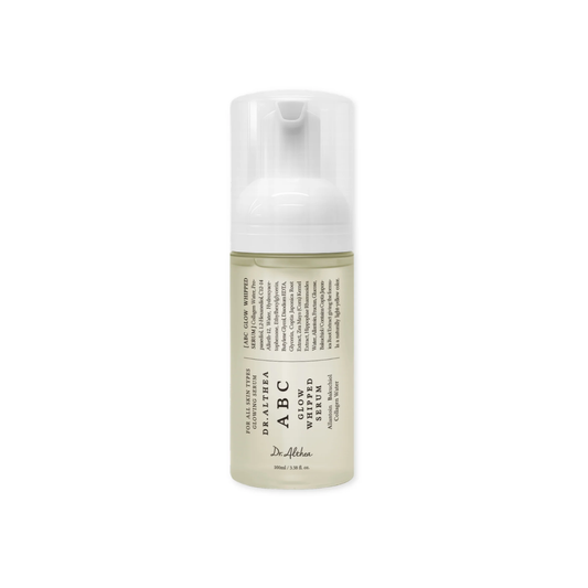 DR. ALTHEA ABC Glow Whipped Serum is a lightweight vegan serum designed to hydrate, brighten, and improve the look of skin elasticity. Formulated with Collagen Water, Bakuchiol, Vitamin Tree Water, and Allantoin, it helps nourish the skin, reduce the appearance of fine lines, and calm irritation. Its unique foam-to-water texture absorbs quickly with a fresh, non-sticky finish, making it suitable for dull, dry, normal, and combination skin.
