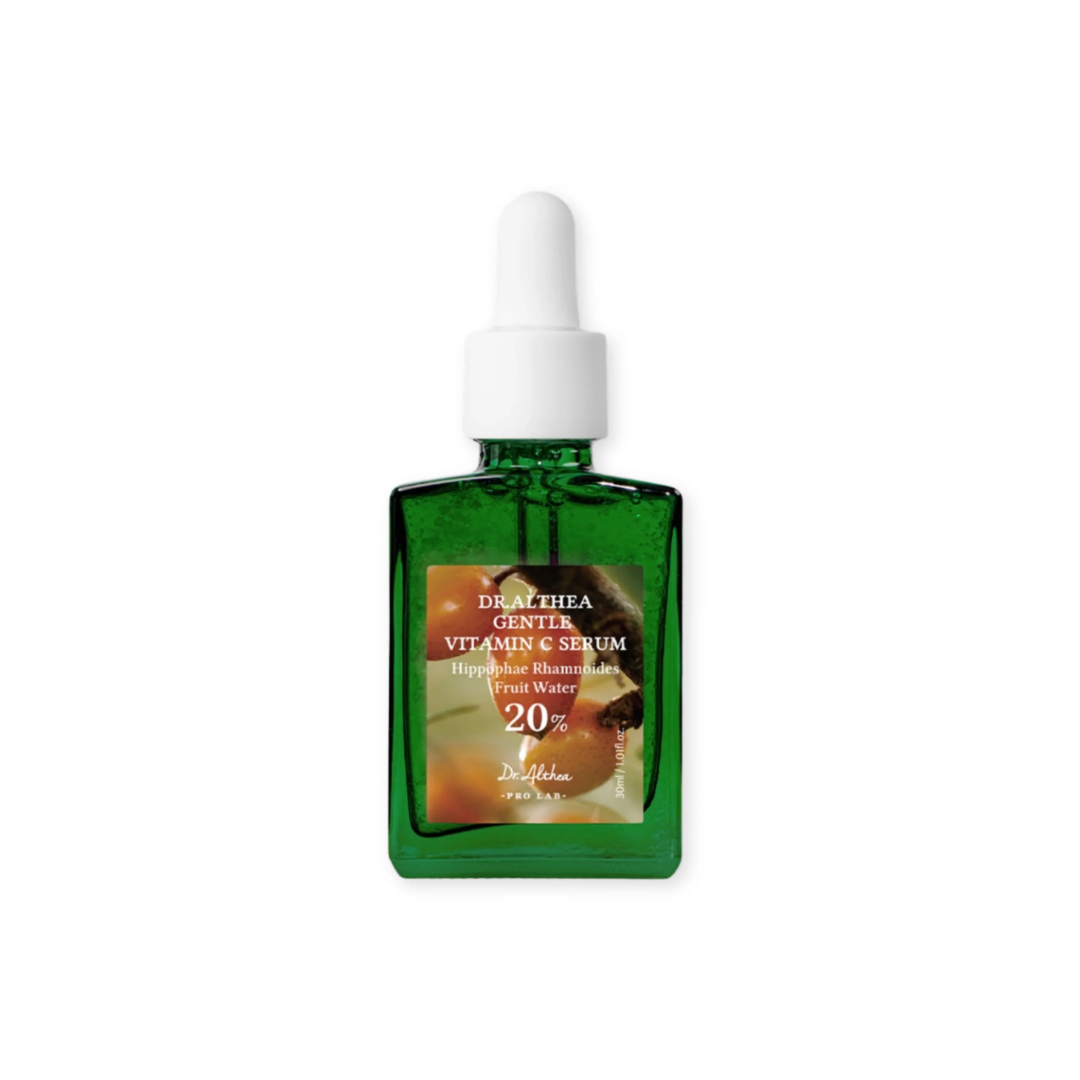 DR. ALTHEA Gentle Vitamin C Serum is a brightening and soothing formula that helps improve skin tone and radiance. Infused with 3-O-Ethyl Ascorbic Acid (a stable Vitamin C derivative) and Niacinamide, it targets dullness, dark spots, and uneven skin tone. Sea Buckthorn Water and Green Tea Extract provide antioxidant care, while Allantoin, Bifida Ferment, and Tea Tree Extract calm and protect sensitive skin. With added Adenosine and hydrating agents, this serum leaves the complexion smooth, refreshed, and gl