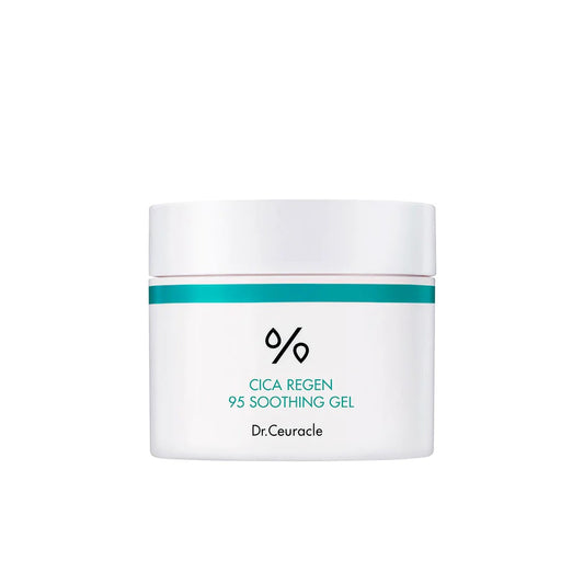 DR. CEURACLE Cica Regen 95 Soothing Gel is a lightweight, calming gel formulated with 95% Centella Asiatica Extract to soothe irritated and sensitive skin. Enriched with Madecassoside, Asiaticoside, and Hibiscus Flower Extract, this gel helps to reduce redness, promote skin healing, and strengthen the skin barrier. Its gentle, fast-absorbing formula provides long-lasting hydration without leaving a sticky residue, making it ideal for soothing and calming stressed skin. Suitable for all skin types, especiall