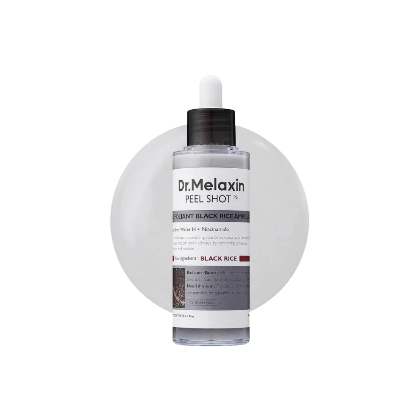 DR. MELAXIN Peel Shot Exfoliating Black Rice Ampoule is a brightening exfoliating ampoule made to smooth rough texture, remove dead skin buildup, and improve the look of dull, uneven skin. Formulated with Rice Bran Water, Rice Extract, Charcoal Powder, Niacinamide, Arbutin, Gluconolactone, Salicylic Acid, Squalane, Hyaluronic Acid, Hydrolyzed Hyaluronic Acid, and Sodium Hyaluronate, it helps refine clogged pores while keeping skin hydrated and comfortable. This ampoule is best suited for dull, rough, textur