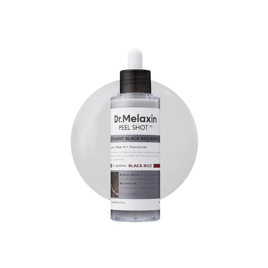 DR. MELAXIN Peel Shot Exfoliating Black Rice Ampoule is a brightening exfoliating ampoule made to smooth rough texture, remove dead skin buildup, and improve the look of dull, uneven skin. Formulated with Rice Bran Water, Rice Extract, Charcoal Powder, Niacinamide, Arbutin, Gluconolactone, Salicylic Acid, Squalane, Hyaluronic Acid, Hydrolyzed Hyaluronic Acid, and Sodium Hyaluronate, it helps refine clogged pores while keeping skin hydrated and comfortable. This ampoule is best suited for dull, rough, textur