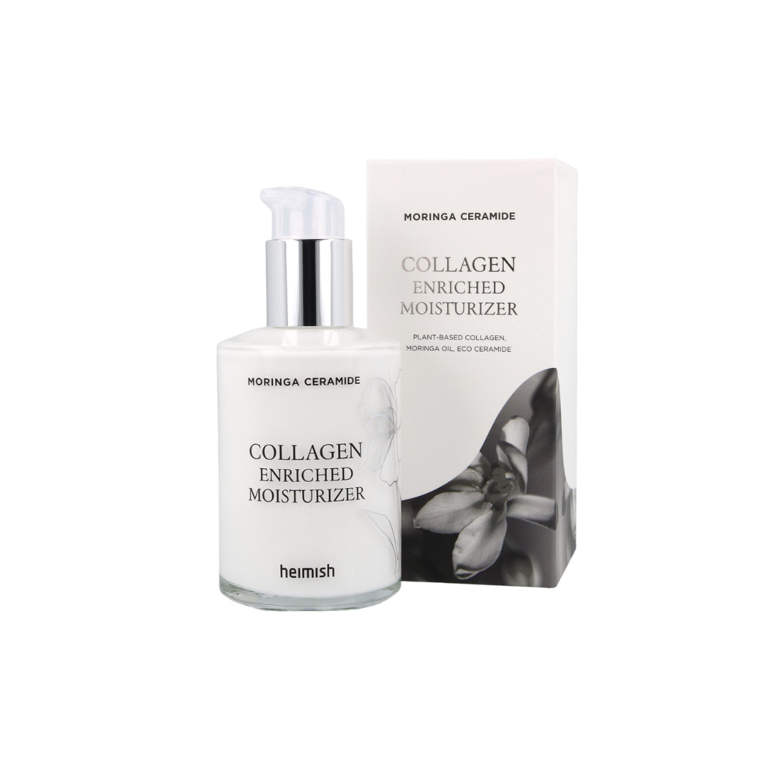 HEIMISH Moringa Ceramide Collagen Enriched Moisturizer is a deeply hydrating cream formulated with Moringa Oleifera Seed Oil, Collagen, and Ceramides to nourish and strengthen the skin's barrier. Enriched with Shea Butter and Centella Asiatica Extract, it soothes and moisturizes, leaving the skin feeling soft, smooth, and revitalized. This rich, non-greasy formula helps improve skin elasticity and firmness while providing long-lasting hydration. Perfect for dry and normal skin types, it delivers deep moistu