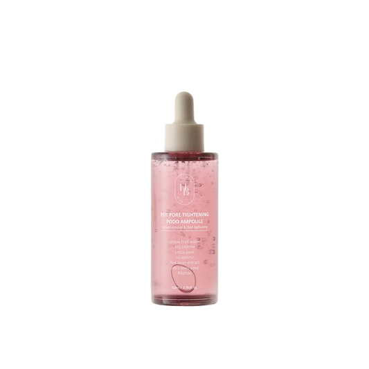 HEVEBLUE Pot Pore Tightening Podo Ampoule is a refreshing, pore-refining serum powered by Grape Fruit Water to hydrate and revitalize the skin. Formulated with Coix Seed Extract, Red Bean Extract, and a blend of botanical ferments, it helps tighten enlarged pores while improving overall skin texture. Hyaluronic Acid, Panthenol, and Sunflower Seed Oil deliver deep moisture, leaving the skin smooth, balanced, and refreshed. With added Acetyl Hexapeptide-8, this ampoule supports firmer, more refined-looking sk