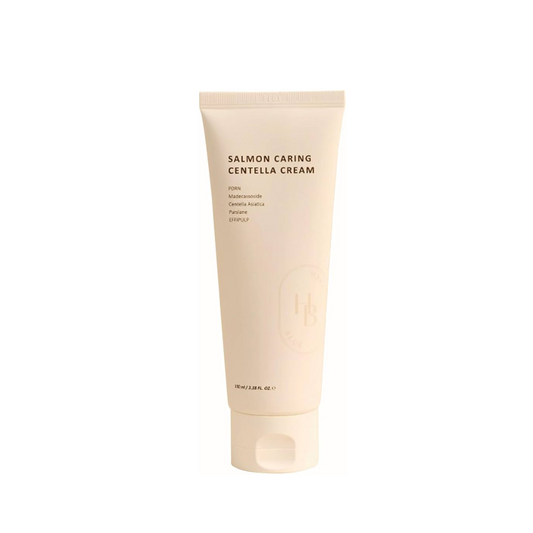 HEVEBLUE Salmon Caring Centella Cream is a soothing and nourishing moisturizer that strengthens and hydrates sensitive skin. Infused with Centella Asiatica Leaf Water, Salmon Egg Extract, and Hyaluronic Acid, it calms irritation, supports skin recovery, and locks in moisture. Enriched with Avocado Extract, Panthenol, and Madecassoside, this rich yet lightweight cream leaves the skin soft, smooth, and resilient.
