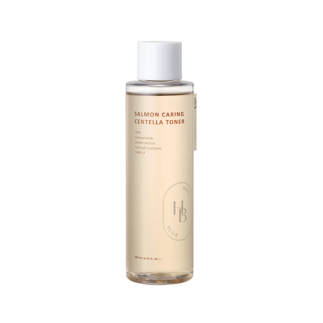 HEVEBLUE Salmon Caring Centella Toner is a soothing and hydrating toner designed to calm and strengthen sensitive skin. Formulated with a high concentration of Centella Asiatica Leaf Water, Houttuynia Cordata Water, and Salmon Egg Extract, it helps repair the skin barrier and boost hydration. Enriched with Panthenol, Madecassoside, and Sodium Hyaluronate, it leaves the skin feeling refreshed, balanced, and revitalized. Ideal for sensitive, dry, or irritated skin types.