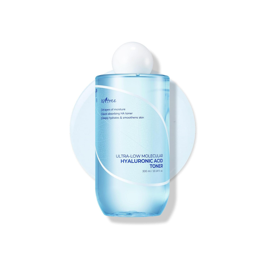 ISNTREE Ultra-Low Molecular Hyaluronic Acid Toner is a fast-absorbing hydrating toner designed to deeply replenish moisture and soothe dehydrated skin. Formulated with deep seawater from Ulleung Island, 14 types of Hyaluronic Acid, Panthenol, Allantoin, Betaine, Glyceryl Glucoside, and Beta-Glucan, it helps lock in hydration, strengthen the moisture barrier, and leave skin feeling fresh, plump, and comfortable. The lightweight vegan formula is suitable for all skin types, especially dry, dehydrated, sensiti