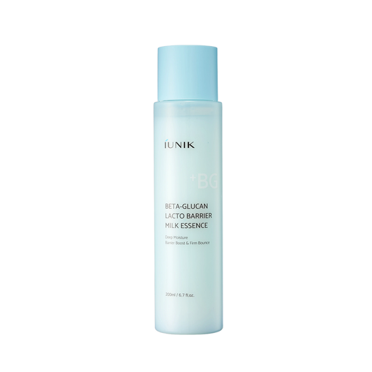 IUNIK Beta-Glucan Lacto Barrier Milk Essence is a lightweight milky essence designed to deeply hydrate and support a healthy skin barrier. Formulated with 68% Lactobacillus Ferment Lysate and Beta-Glucan, it helps strengthen and nourish the skin while improving elasticity. Seven types of Peptides and EGF support skin renewal and firmness, while Bakuchiol helps promote a smoother, more resilient complexion. With Panthenol and Glyceryl Glucoside, this essence provides lasting hydration and leaves skin looking