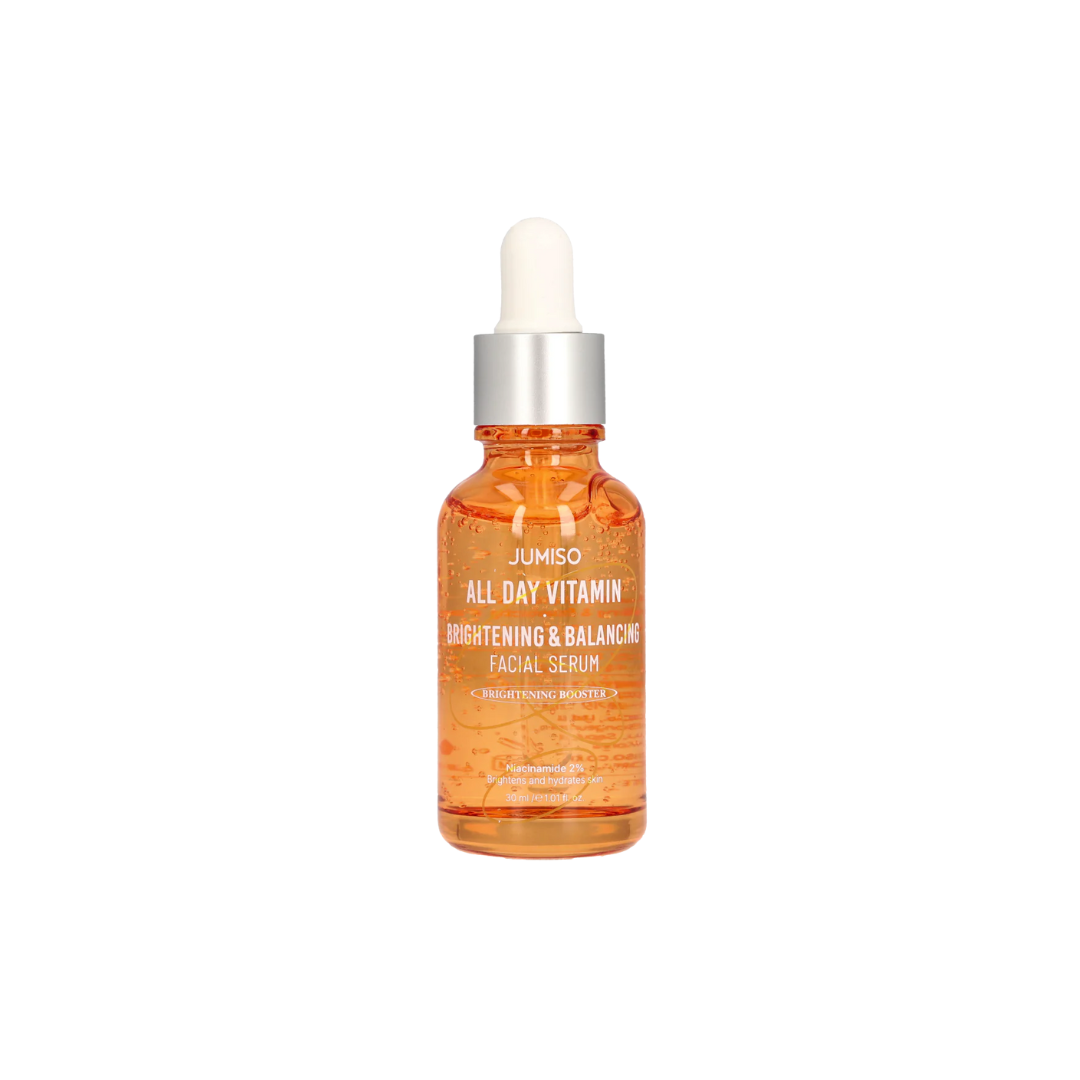 JUMISO All Day Vitamin Brightening & Balancing Facial Serum is a lightweight brightening serum designed to improve skin tone and restore balance. Formulated with 2% Niacinamide, Vitamin C derivative, and Sea Buckthorn Extract, it helps enhance radiance while delivering hydration and soothing care for a clearer, healthier-looking complexion.