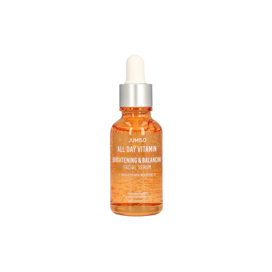 JUMISO All Day Vitamin Brightening & Balancing Facial Serum is a lightweight brightening serum designed to improve skin tone and restore balance. Formulated with 2% Niacinamide, Vitamin C derivative, and Sea Buckthorn Extract, it helps enhance radiance while delivering hydration and soothing care for a clearer, healthier-looking complexion.
