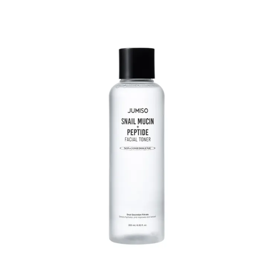 JUMISO Snail Mucin + Peptide Facial Toner is a hydrating and smoothing toner designed to refresh the skin while supporting elasticity and barrier care. Formulated with Snail Secretion Filtrate, Peptides, Panthenol, Allantoin, Hyaluronic Acid, Centella Asiatica Extract, Heartleaf Extract, and gentle exfoliating ingredients like Gluconolactone and fruit extracts, it helps moisturize, soothe, and refine the look of uneven texture. The lightweight formula leaves skin feeling soft, plump, and balanced. Suitable 