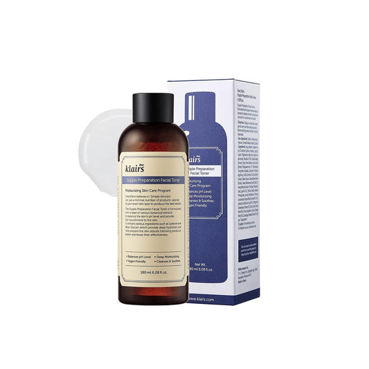 KLAIRS Supple Preparation Facial Toner is a hydrating and balancing toner designed to prep the skin after cleansing. Formulated with Centella Asiatica Extract and Licorice Root Extract, it helps soothe irritation and support a more even-looking complexion. Ingredients like Hyaluronic Acid, Beta-Glucan, and Panthenol provide lasting hydration while improving skin softness and elasticity. The lightweight texture absorbs quickly, helping enhance the absorption of serums and creams that follow. Ideal for daily 