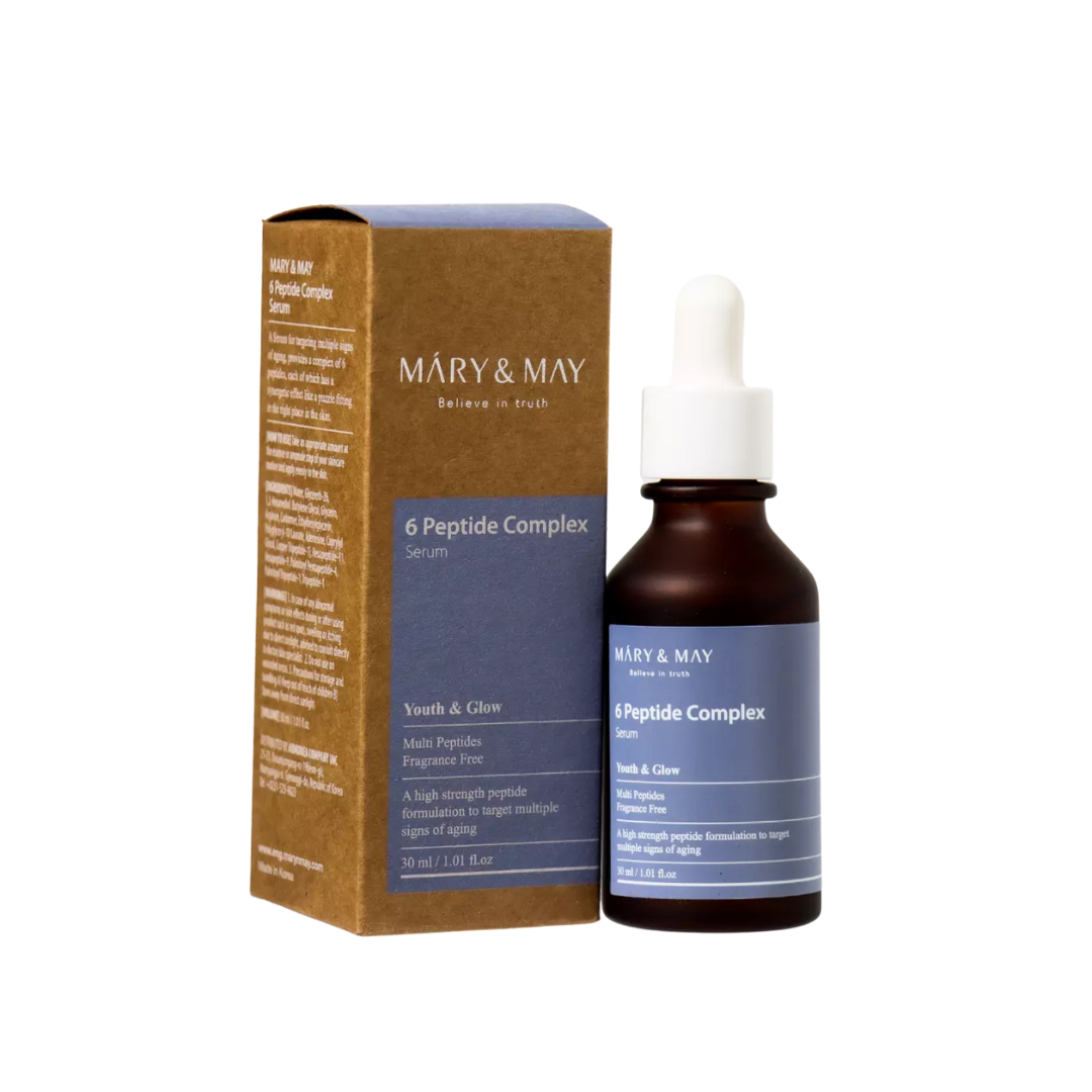 MARY & MAY 6 Peptide Complex Serum is a firming and revitalizing serum designed to improve skin elasticity and reduce the appearance of fine lines. Enriched with six types of peptides, including Copper Tripeptide-1 and Palmitoyl Tripeptide-1, it helps support collagen production, smooth texture, and promote a youthful glow. With its lightweight, fast-absorbing formula, this serum hydrates without heaviness, making it suitable for mature, dry, and combination skin types, and ideal for those concerned wit