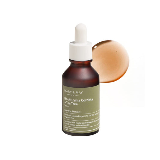 MARY & MAY Houttuynia Cordata + Tea Tree Serum calms and balances acne-prone skin with soothing Houttuynia and Tea Tree extracts. Perfect for oily and sensitive skin.
