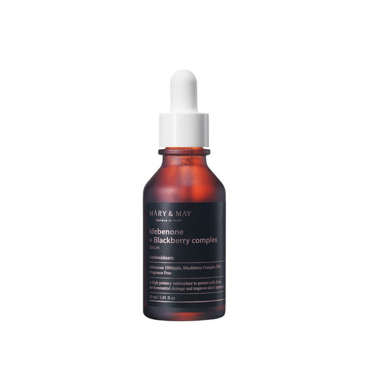 MARY & MAY Idebenone + Blackberry Complex Serum is a powerful antioxidant serum designed to restore radiance and firmness to tired skin. Formulated with 20% Blackberry Extract along with Blueberry and Acai Extracts, it delivers rich nourishment while defending against environmental stressors. The addition of Idebenone (1,000ppm) helps improve skin elasticity, smooth fine lines, and support a youthful appearance. Lightweight yet deeply hydrating, this serum absorbs quickly to leave skin soft, revitalized, an