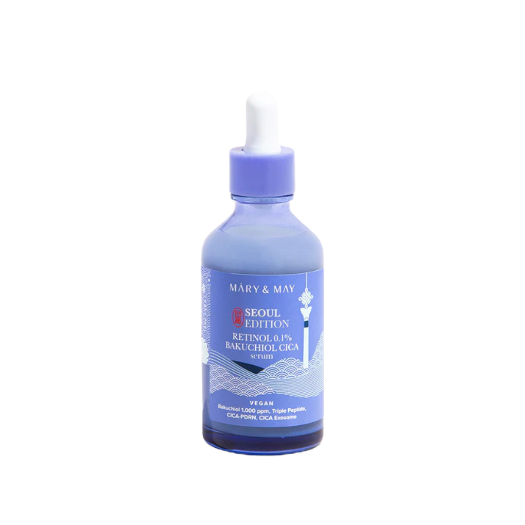 MARY & MAY Retinol 0.1% Bakuchiol Cica Serum Seoul Edition smooths fine lines and improves texture with Retinol, Bakuchiol, and Centella. Ideal for aging and combination skin.