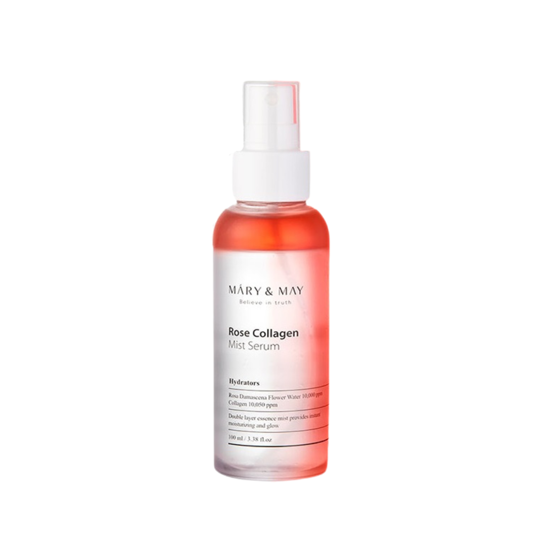 MARY & MAY Rose Collagen Mist Serum combines the hydrating power of Rosa Damascena Flower Water (10,000 ppm) with the firming benefits of Collagen Extract (3,350 ppm). This refreshing mist serum deeply moisturizes and soothes the skin with a blend of Hyaluronic Acid, Avocado Oil, and Olive Fruit Oil. The lightweight formula helps improve skin elasticity and radiance, leaving the complexion soft, supple, and glowing. Perfect for on-the-go hydration, it delivers a burst of moisture and nutrients to maintain a