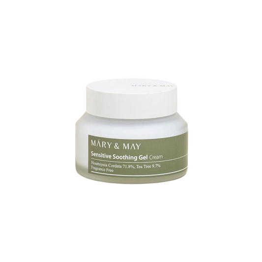 MARY & MAY Sensitive Soothing Gel Cream is a lightweight gel-cream designed to calm and hydrate sensitive skin. Enriched with Houttuynia Cordata Extract and Tea Tree Extract, it helps soothe irritation while delivering a refreshing burst of moisture. Infused with multiple forms of Hyaluronic Acid, it provides deep and long-lasting hydration for a smooth and plump complexion. Perfect for sensitive or irritated skin, this gel-cream absorbs quickly, leaving the skin feeling calm, soft, and refreshed.